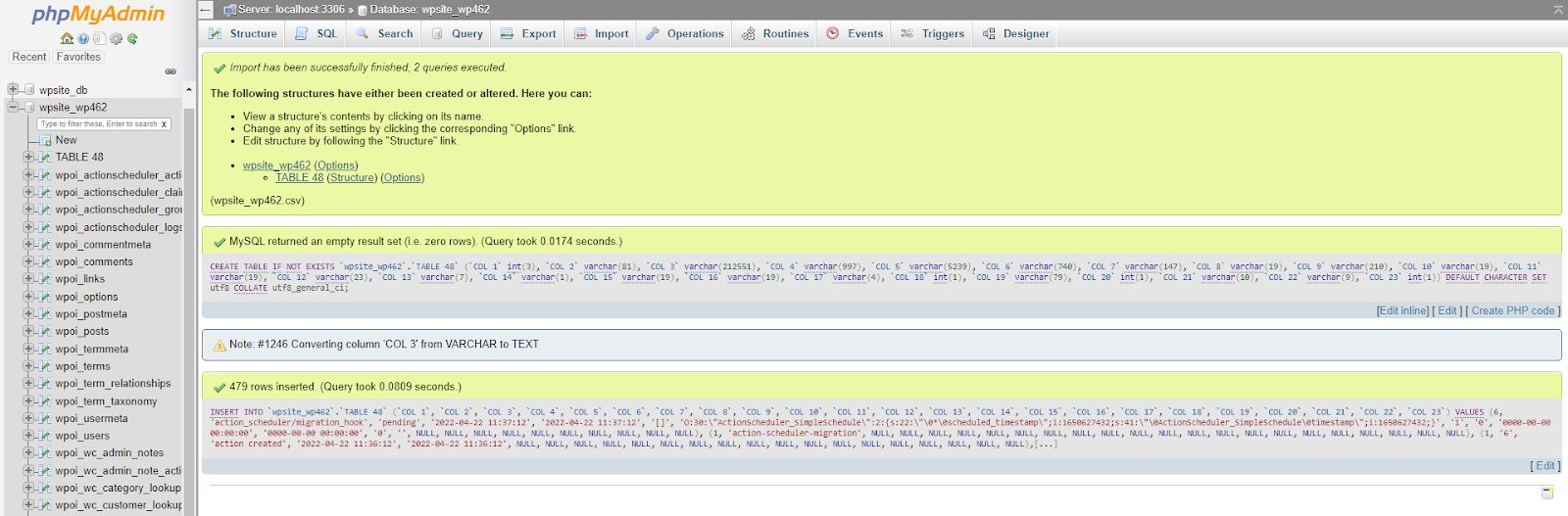 Once ready, click on Go and phpMyAdmin will restore the database from the file you provided. phpMyadmin will provide you with the detailed output when the database backup is successfully imported.