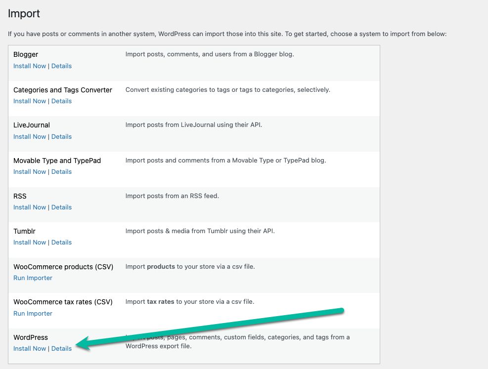 The file you're importing is a WordPress file, so on the resulting Import page, scroll down to WordPress and click Install Now.