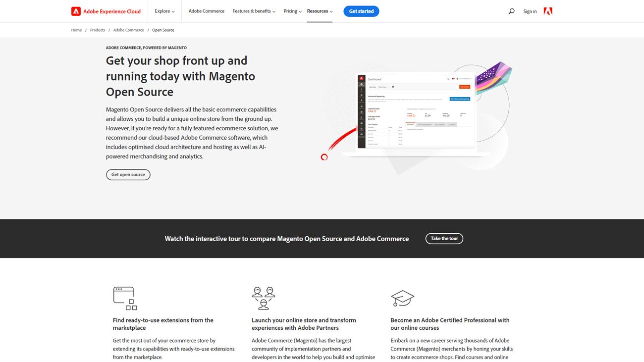 Magento Open Source website landing page.