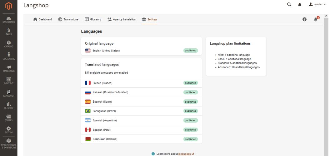 A Magento language translator extension in the Magento B2B admin area.
