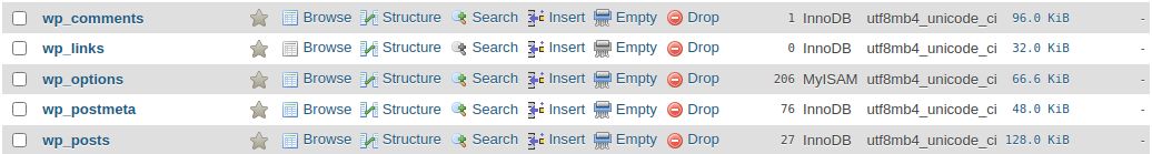You can find the storage engine of each table in the Type column. As you can see, in our database we have the wp_options table using MyISAM.