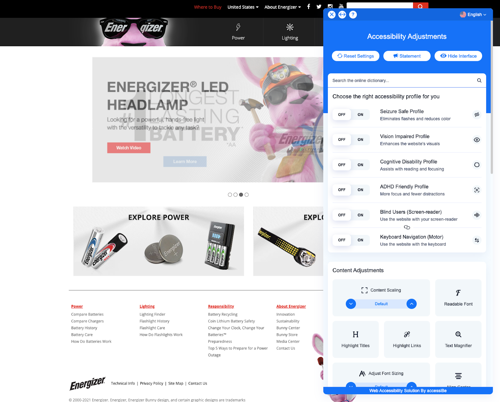 Accessibility is another great web design tip, as shown here by Energizer 