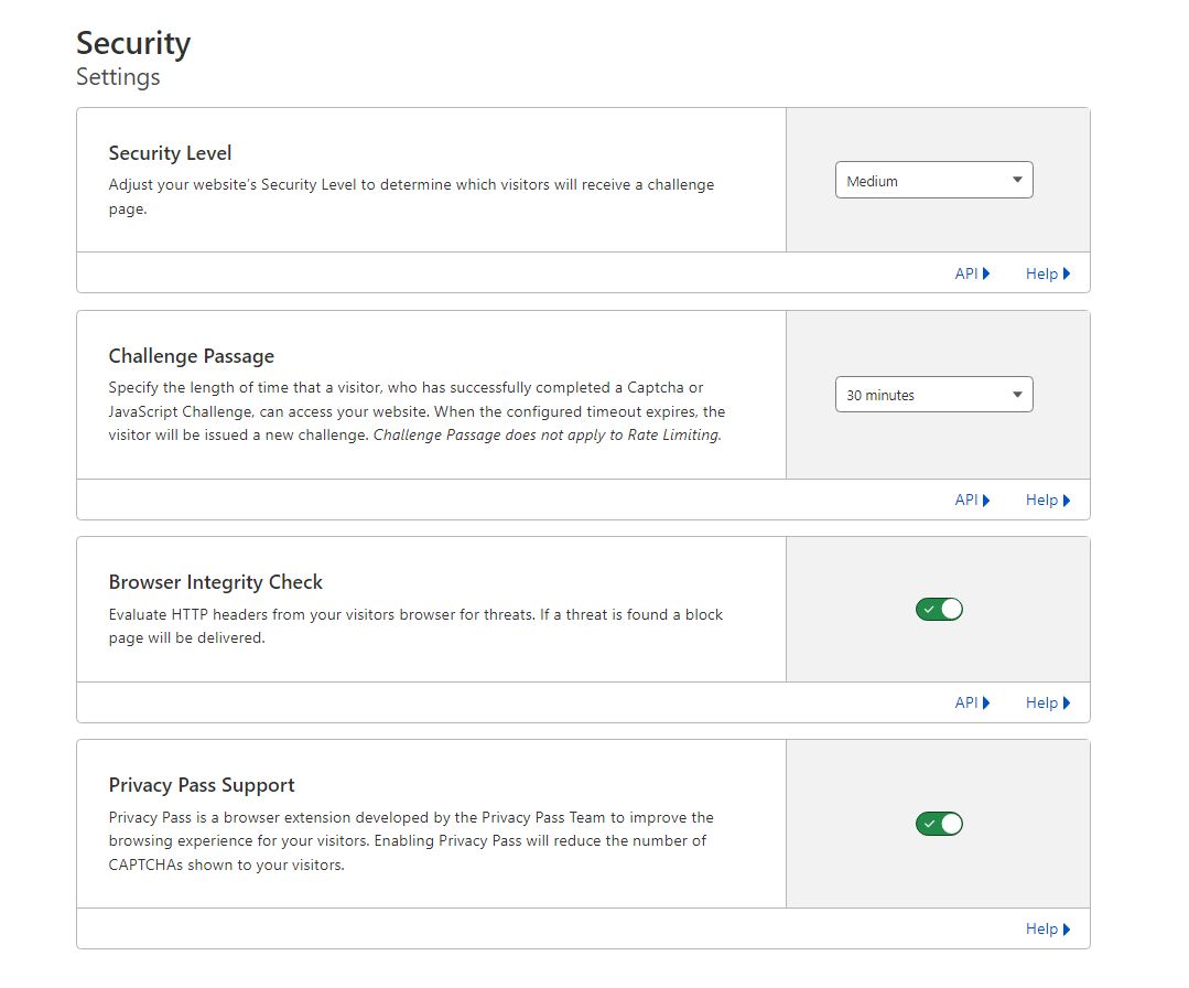 You can change your Magento Admin Panel URL from the Stores > Configuration > Advanced menu under Admin Base URL.” src=”https://cdn.sanity.io/images/v6oximkk/production/ec2c5fde7c48f4199f9e8b6105cad6e7fce57027-1305×248.jpg”></figure><p><br/><br/></p><p></p><h3><strong>Using the Cloudflare Web Application Firewall (WAF) to restrict access to Magento Admin Panel</strong></h3><p><strong><br/></strong>Cloudflare provides additional features to ensure a higher level of security for all websites, including Magento Stores. You can leverage the premade managed rulesets to provide protection against known attacks and security threats or create your own rules to restrict access to any part of your Magento store, including the admin panel.</p><p>The main benefit of using Cloudflare in terms of security is that every request coming to your website gets scanned by the CDN. If necessary, it can be blocked before it can make it to the server, thus providing a higher level of protection and reducing bandwidth usage.</p><p>The general security options along with the Web Application Firewall (WAF) are designed to check every request against a number of patterns and take the appropriate action when those conditions are met. Even without using the Cloudflare WAF rules, you ensure better security for the admin panel by adding Cloudflare to your Magento store.<br/></p><h2><strong>Cloudflare general security settings</strong></h2><p><strong><br/></strong>The general security settings include four options. First, Cloudflare determines the threat score of each request based on the data collected from <a href=https://www.projecthoneypot.org/ ><strong>Project Honey Pot</strong></a> and performs additional checks to evaluate HTTP headers.</p><p>The higher the Security Level chosen, the less chance that a malicious request will come through. For example, setting the Security Level setting to Medium or High ensures that requests coming from IP addresses with a known history of abuse will be challenged:<br/><strong><br/></strong></p><figure><img class=lazy decoding=async alt=