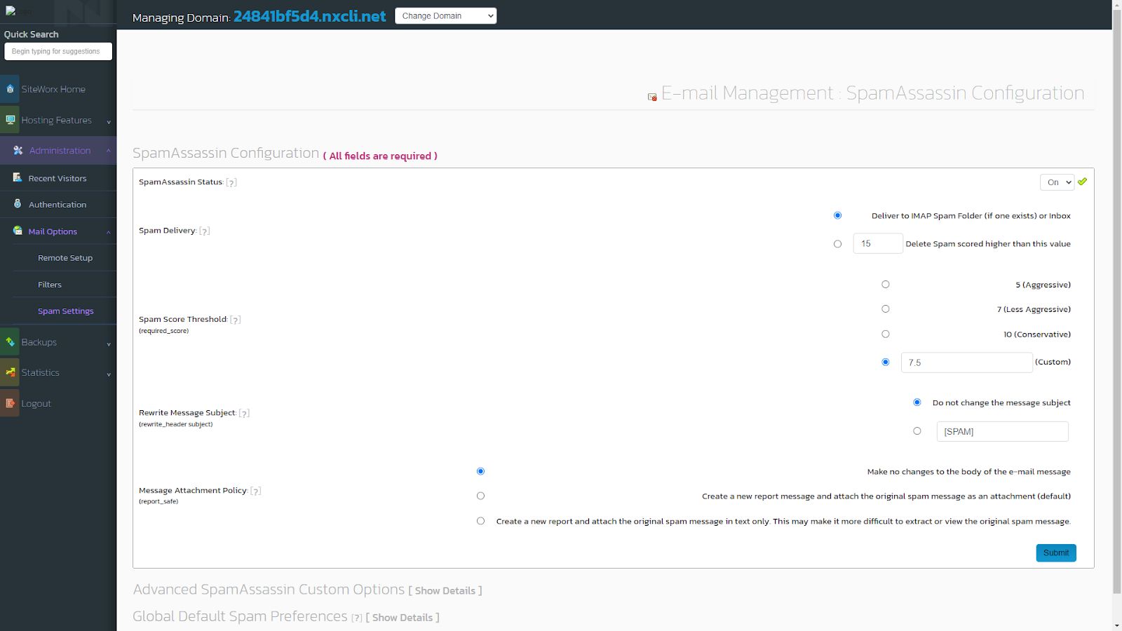Control panel is also the only place where you can control Spam settings for each domain.