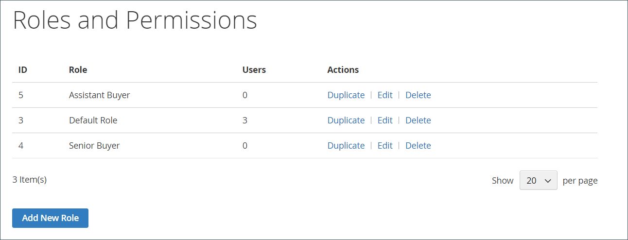 Magento B2B customers can set roles and permissions for team members and other account users.