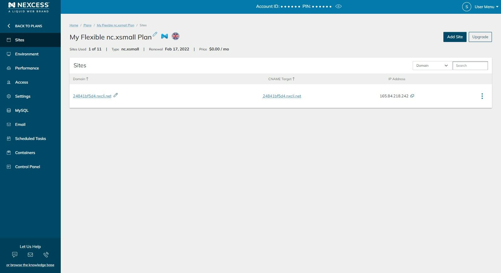 Once your new plan has been created, you’ll be able to see a list of sites on it, as well as other settings of the flexible cloud hosting plan.