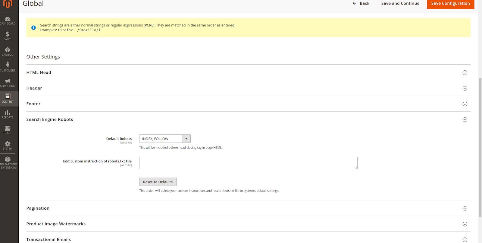 To configure Robots.txt for Magento 2, go to content > design > configuration.” src=”https://cdn.sanity.io/images/v6oximkk/production/931dcf00c82d7b089781b24162ed13bef534c321-1600×784.jpg”></figure><p></p><p><strong>Step 3</strong>: In the opened grid, find the line <strong>Global</strong>, click the <strong>Edit</strong> link, and open the <strong>Search Engine Robots</strong> tab.</p><figure><img class=lazy decoding=async alt=