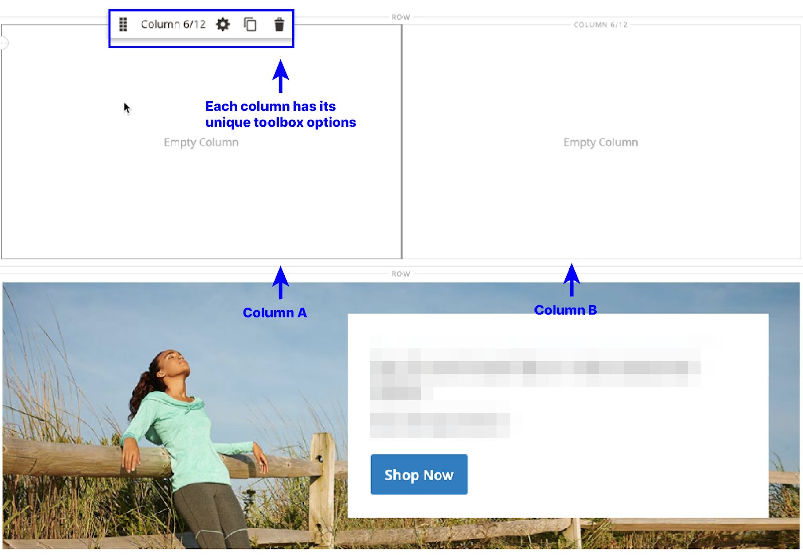 Each column in the Magento Page Builder staging area has its toolbox options