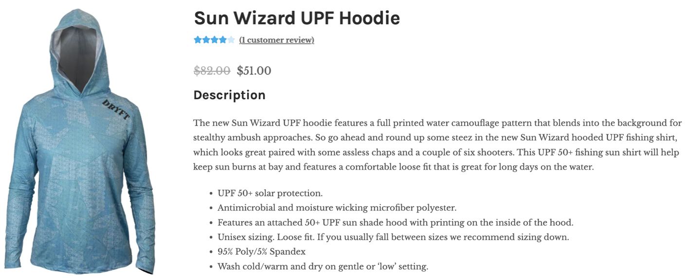 Product photo of a hoodie that features sun protection and uses industry jargon in the description.