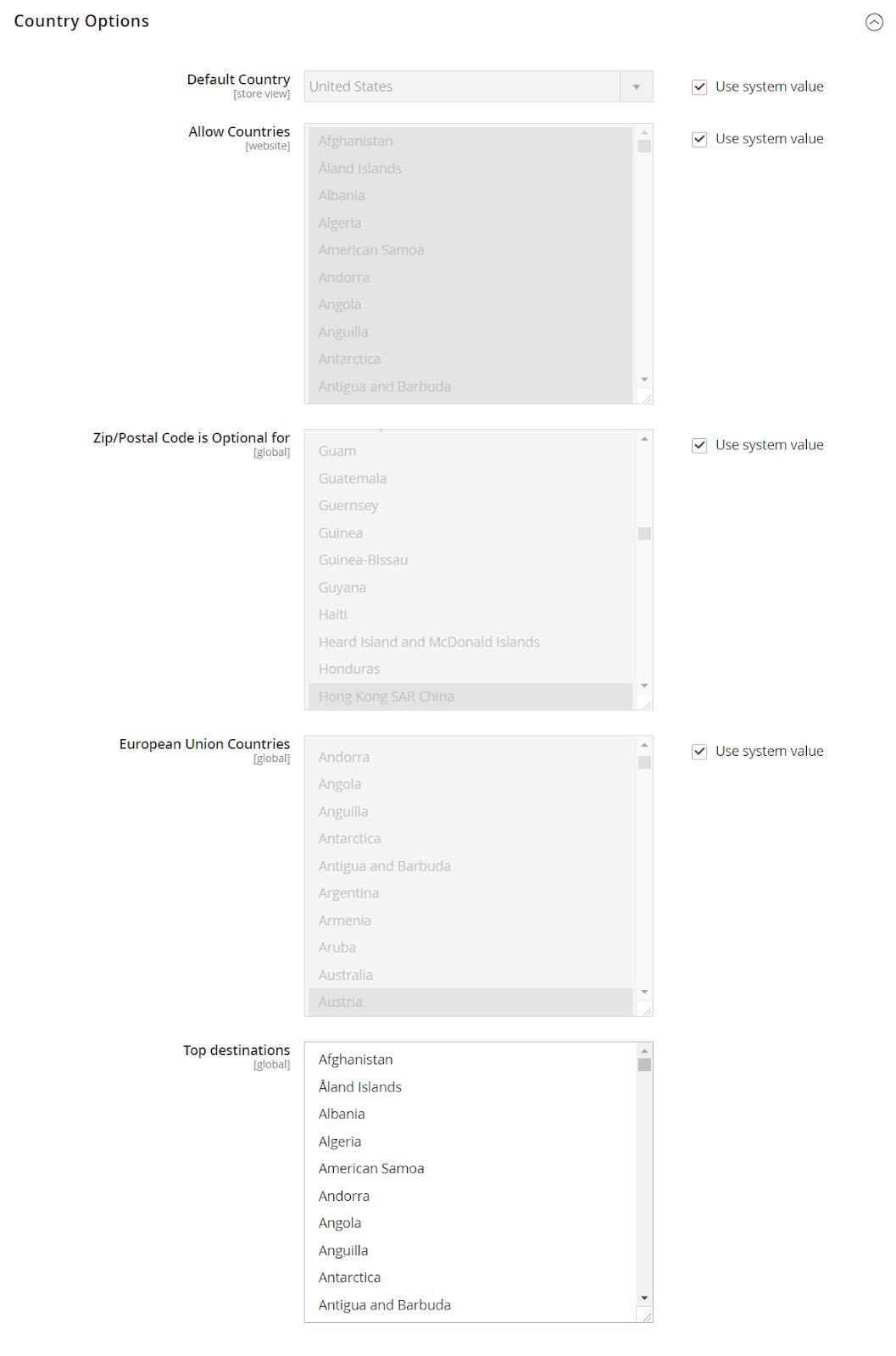 Expand the Country Options and uncheck the Use System Value checkbox on the right side. Enter your country both in the Default Country field and the field labeled Allow Countries from which we're willing to accept orders. 