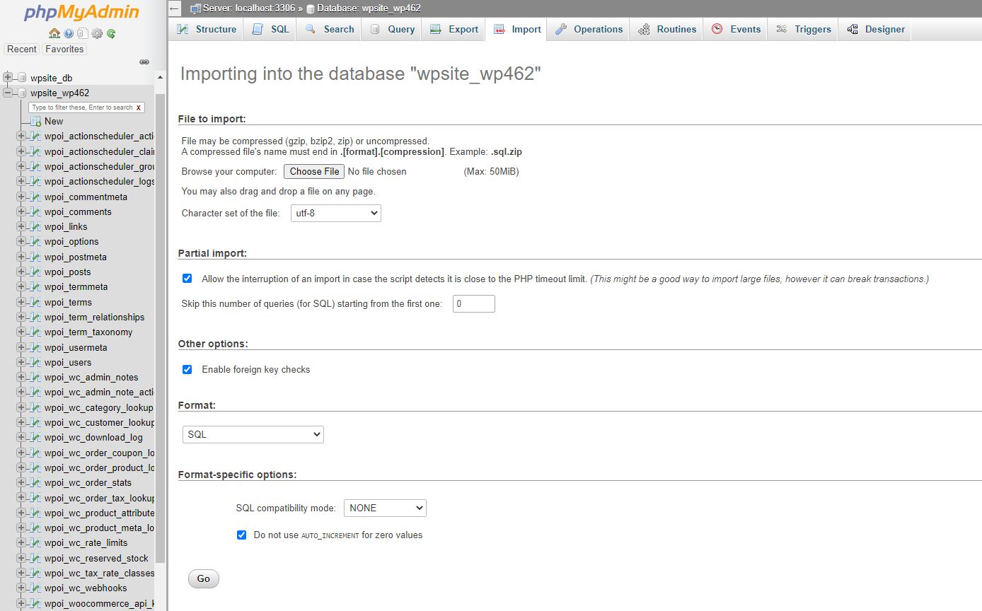 The phpMyAdmin tool will present you with multiple options that will specify the import operation behavior. Typically, you can leave the default values in place unless you know what exactly you would like to change.