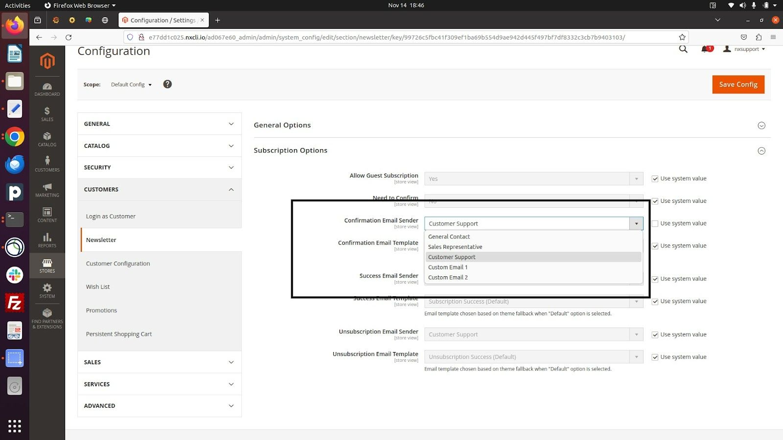 Magento store management using a specific marketing and newsletter email address.