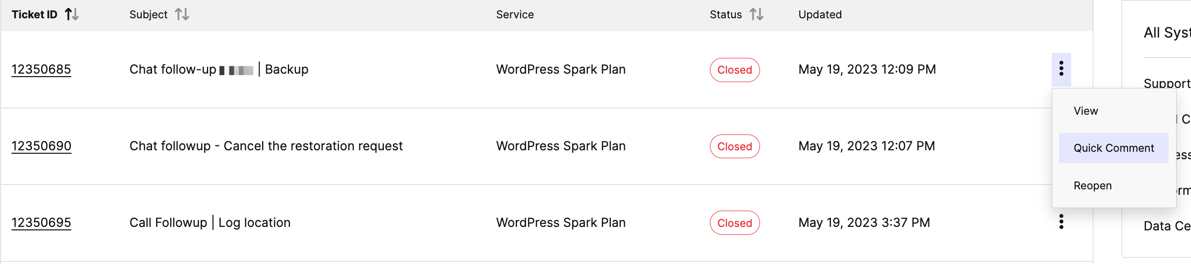 To make a quick comment to a ticket, select the menu toggle of the corresponding ticket and click on Quick Comment.