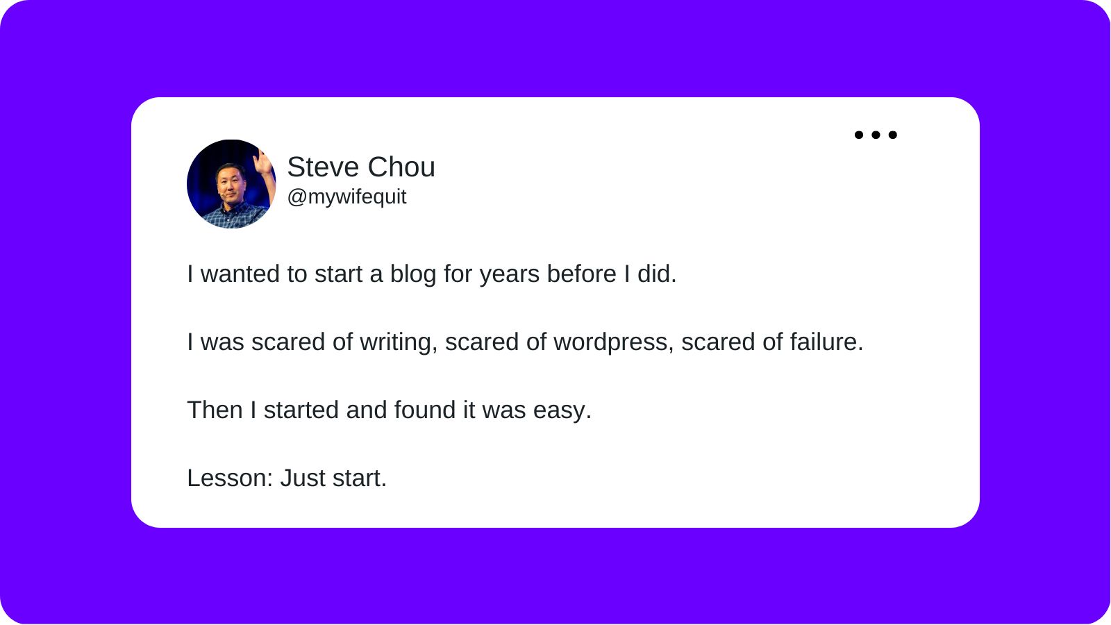 A tweet from Steve Chou layered over a purple background that reads 