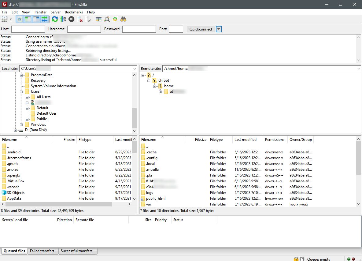 Accessing virtual host’s server files via FileZilla.
