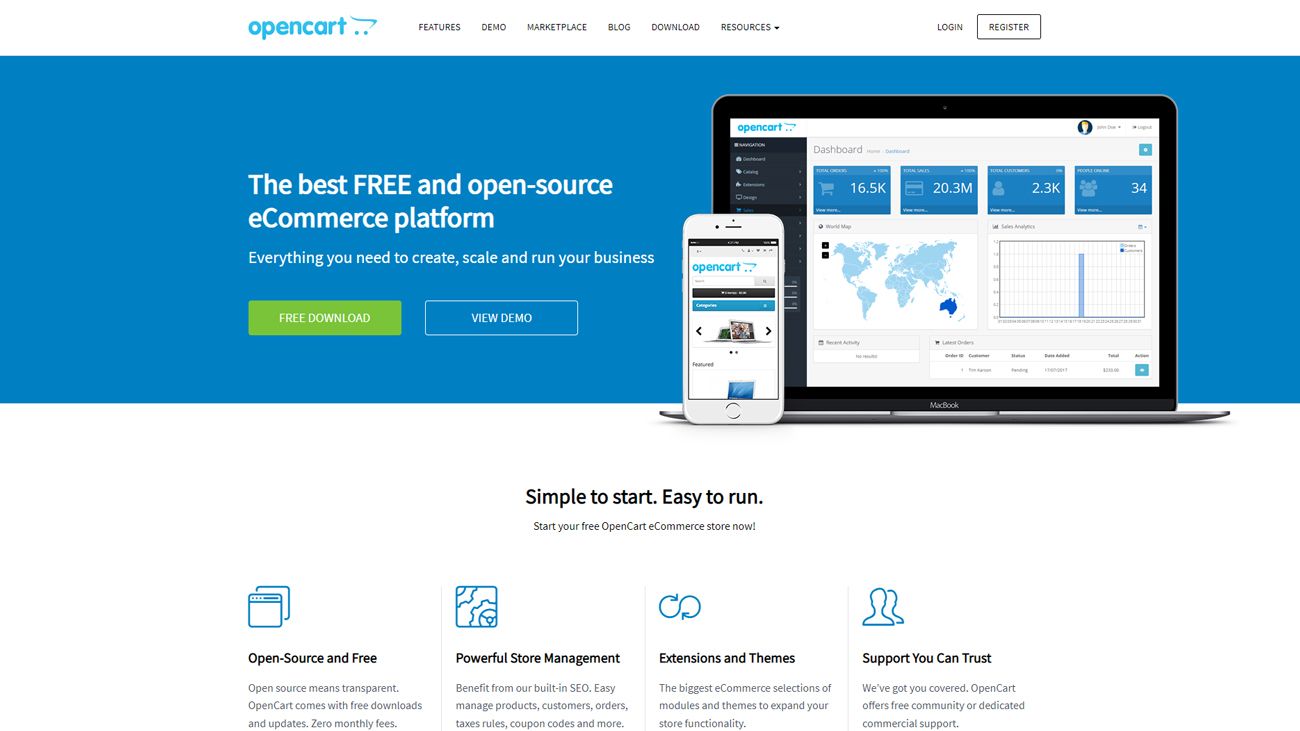 OpenCart website landing page.