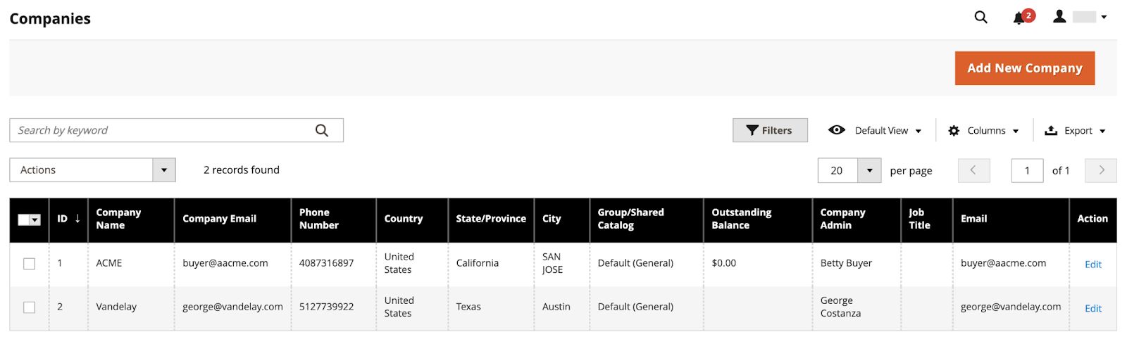 This company grid shows your Magento B2B customers without grouping them by status.