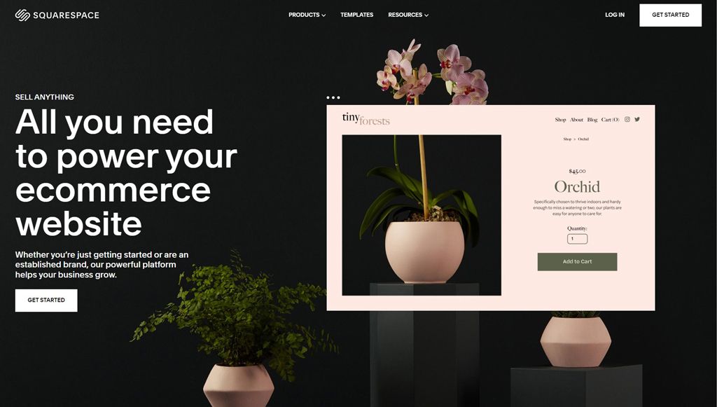 Screenshot of closed-source ecommerce platform Squarespace's homepage.