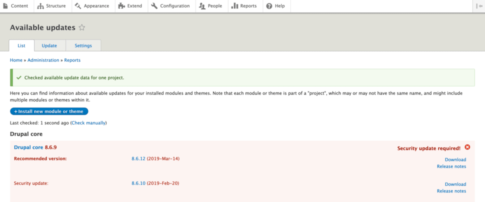 Once you’ve found Drupal security updates, you can click download and install them by clicking the Install New Module Or Theme button.