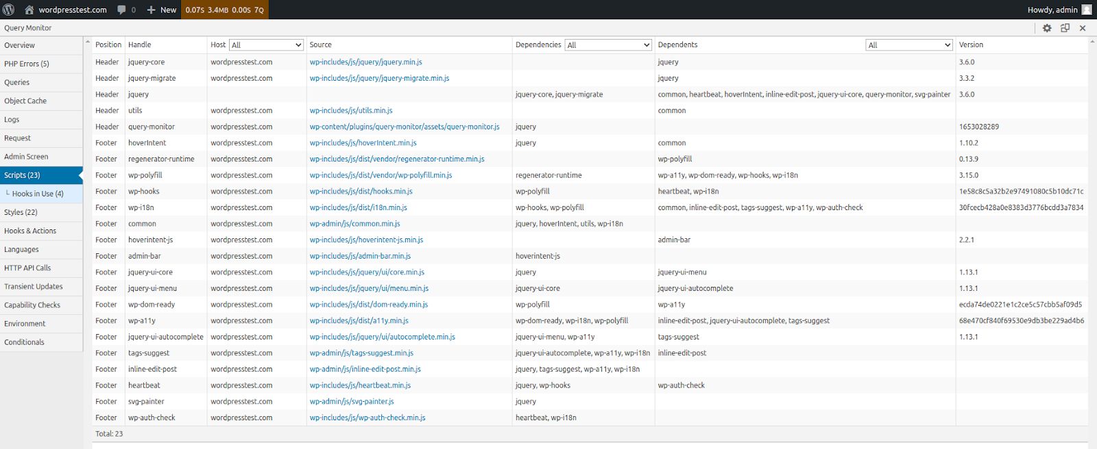 The Scripts menu is extremely helpful when debugging various issues as it will display the list of scripts that were loaded. Scripts can substantially increase the page load size. The Query Monitor plugin does not show you how much time each took to load, which is important to keep in mind. You will need to conduct a web speed test to obtain more information.