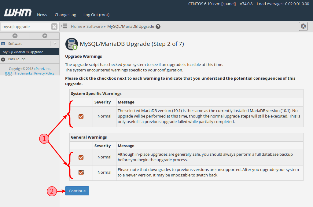 WHM will warn you of any potential consequences before upgrading MySQL.