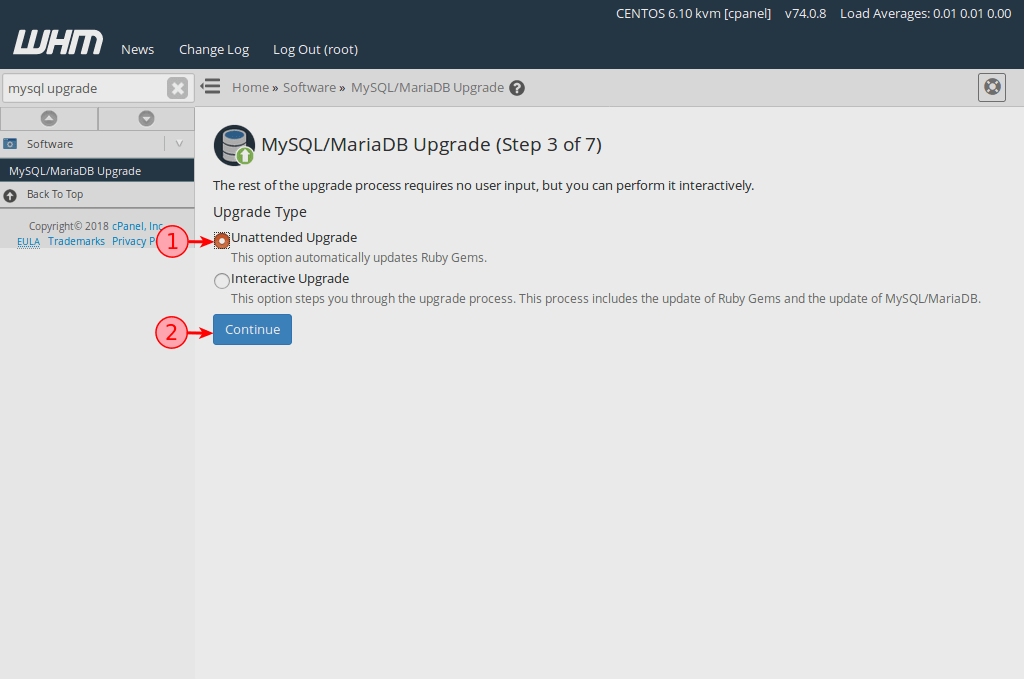 WHM prompts for the upgrade type for MySQL.