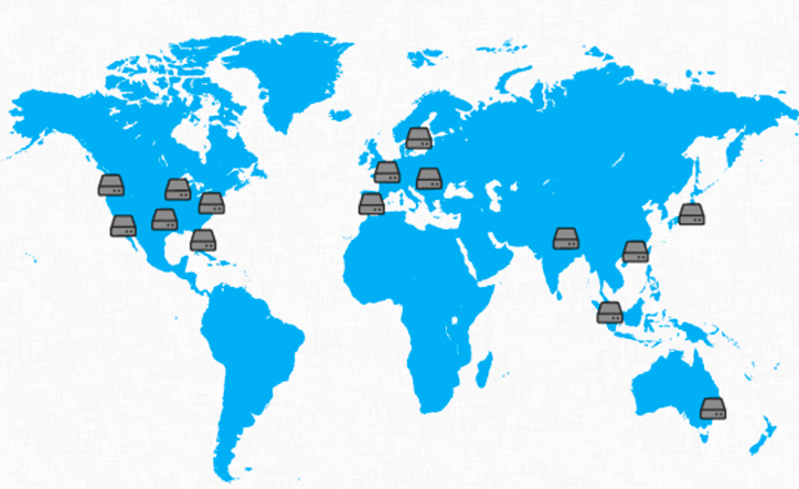 World map with data centers scattered throughout
