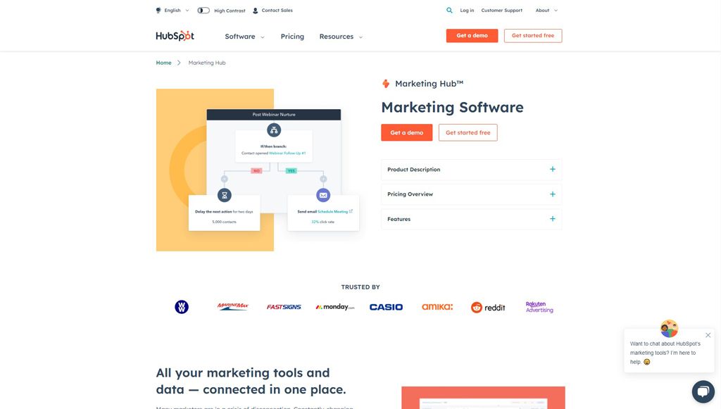 Screenshot of customer service automation tool Marketing Hub's landing page.