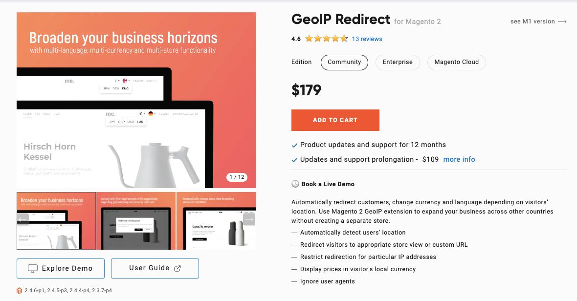 Amasty’s Magento 2 multi-language extension is the best for IP address detection and visitor redirection.