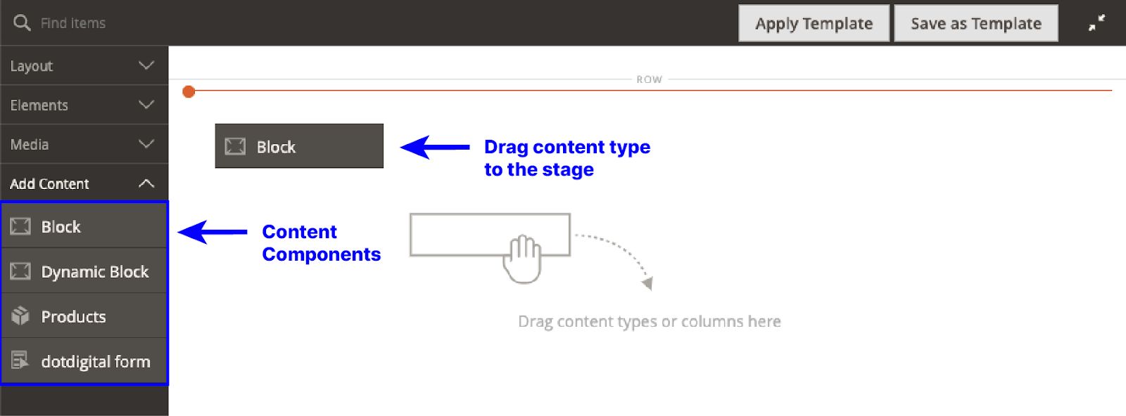 Drag and drop blocks to the Page Builder staging area.