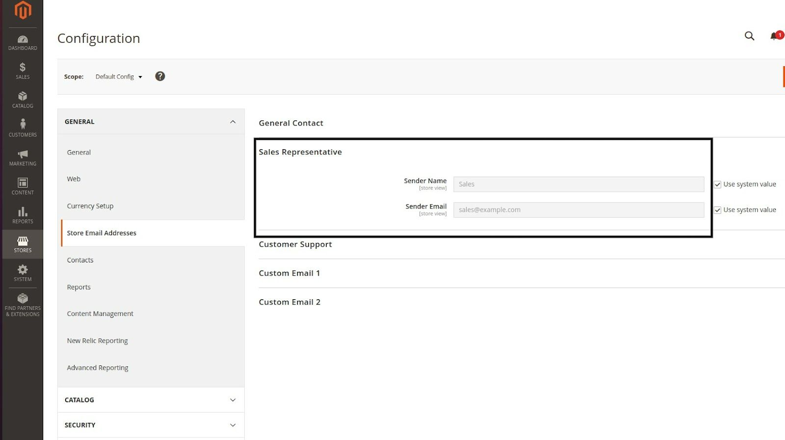 Magento store management using a specific sales inquiries email address.