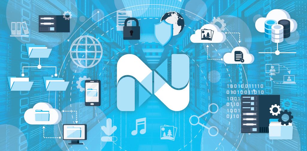 The Nexcess logo surrounded by cloud icons and folders.