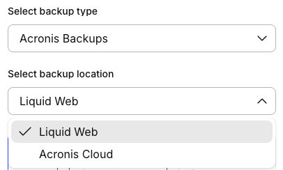 Acronis backups selection drop down menu