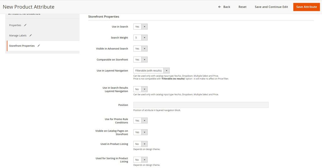 Configure Magento product attribute storefront properties.
