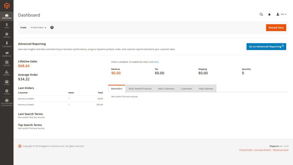 Screenshot of open source ecommerce platform Magento's admin panel.