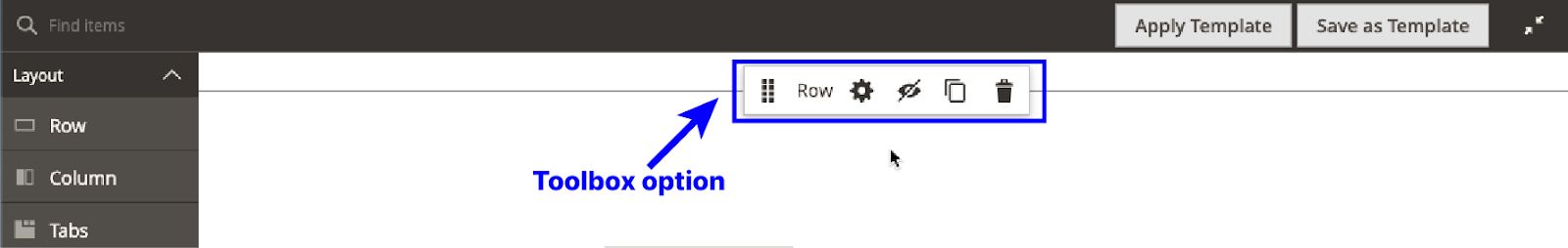 Page builder's Row Layout container Toolbox options.