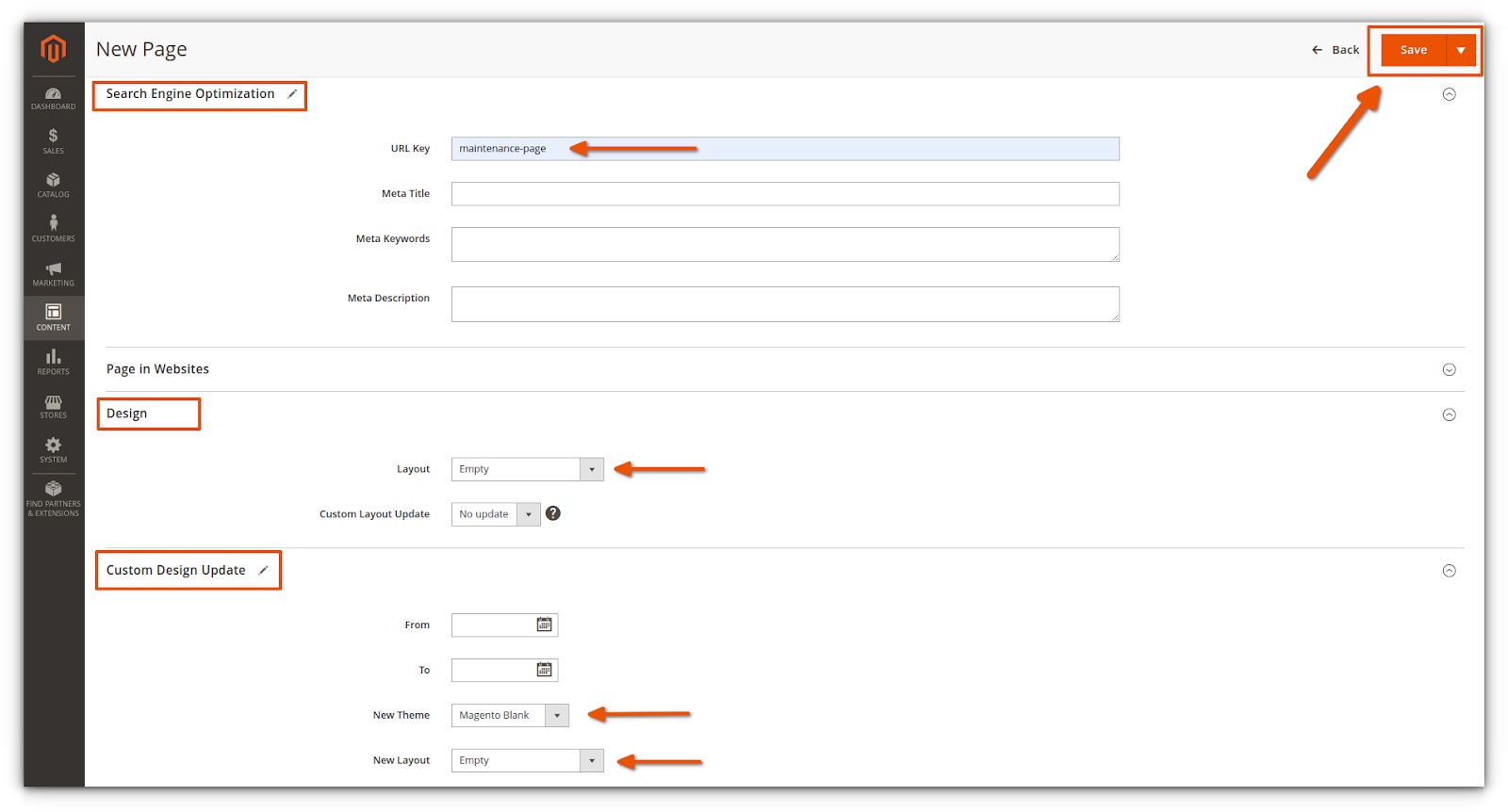 Under New Page, go to Search Engine Optimization. Next, enter a URL Key for your new page. It should only contain lowercase letters and hyphens (which you use instead of spaces). We’ve used the