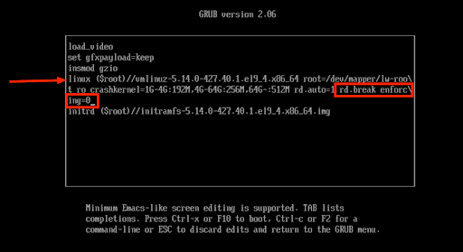 This is a screenshot highlighting the location of the boot command edits for AlmaLinux in Grub.