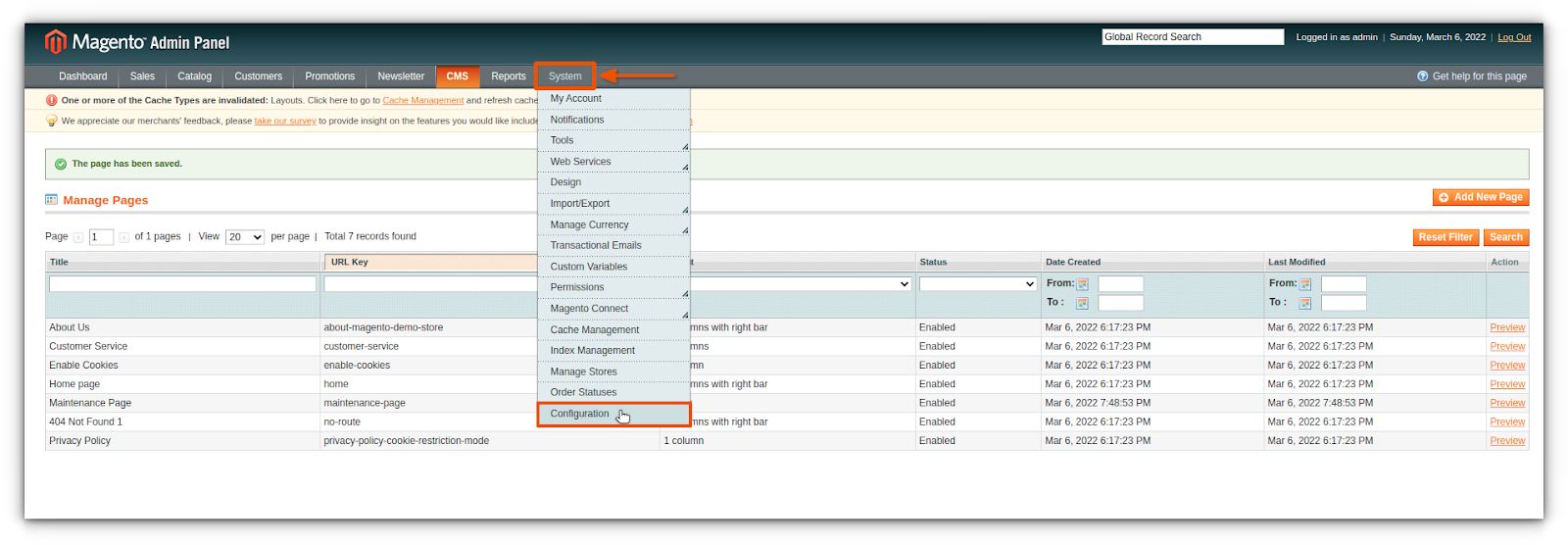 Navigate to System and click Configuration.