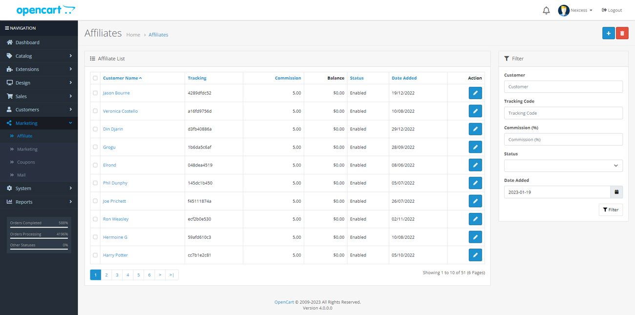 OpenCart 4 affiliate marketing admin interface.