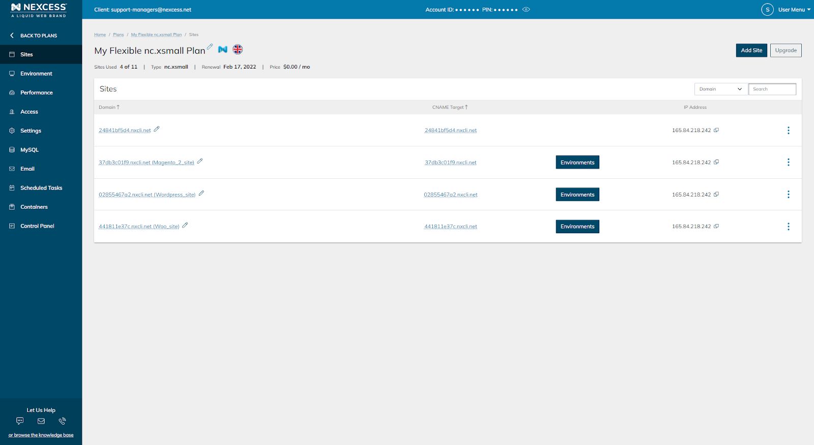 If you take a look at the list of sites, you’ll see you are not able to add a dev environment to the first site, as it’s the default flexible Application.