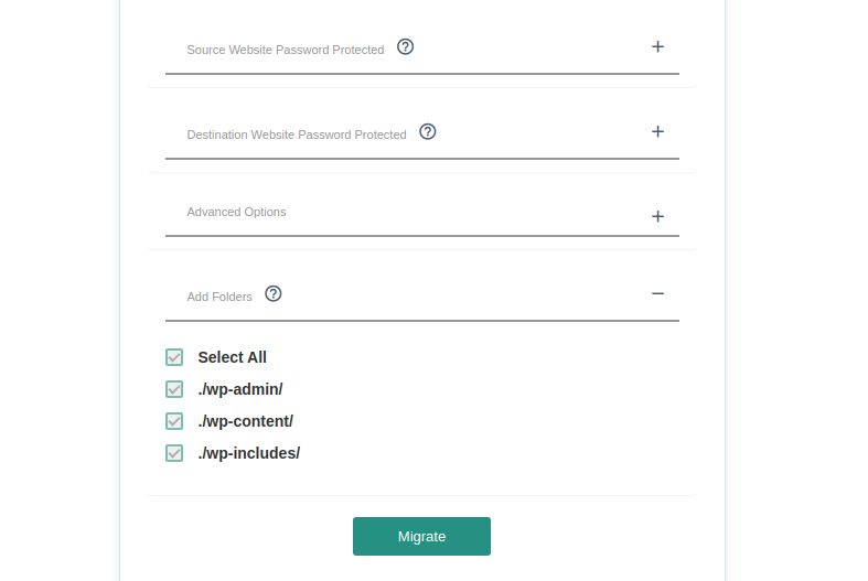 Typically, that is all you need to provide for the WordPress migration plugin we built for your convenience — Migrate to Liquid Web & Nexcess — to start the data transfer process. However, if your website is password-protected or you have any non-standard folders on your website, you need to provide additional information, as shown.