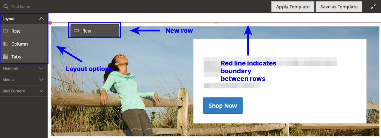Drag and drop a new row to the Page Builder staging area from the page layout options