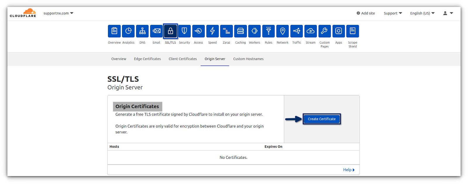 To generate a Cloudflare Origin Certificate, Log in to your Cloudflare account > Select the domain > Navigate to SSL/TLS tab > Origin Server option > Create Certificate.
