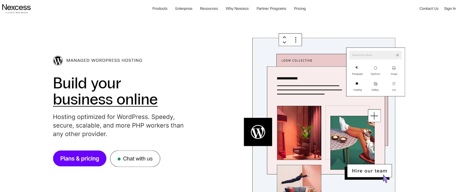 The Nexcess homepage has clear CTA buttons that change on hover.