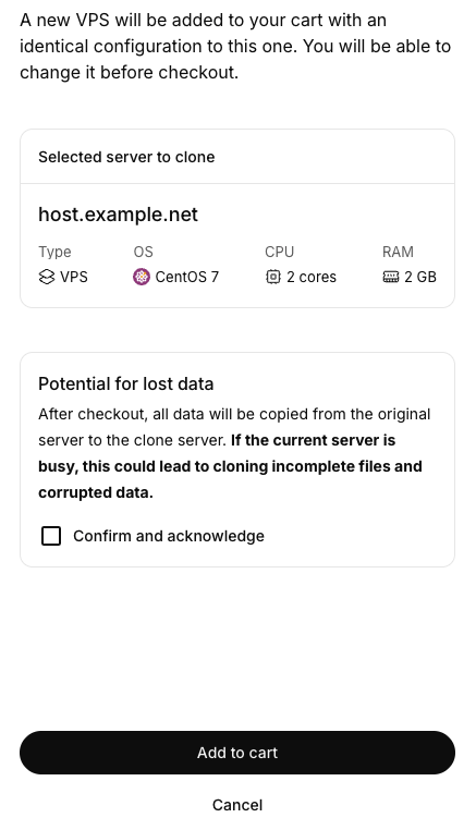 clone server dialog screen in my.liquidweb.com