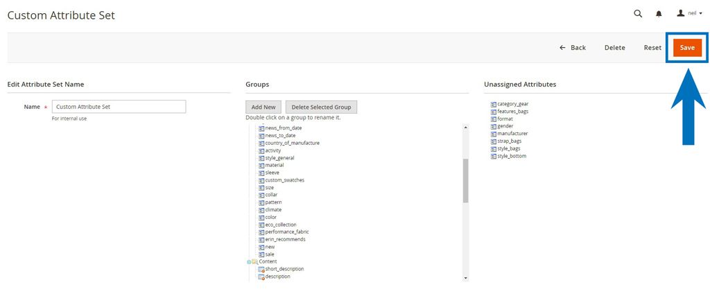 Save the Magento product attribute set.