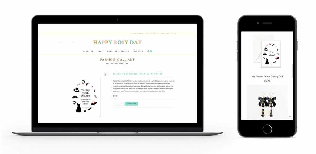 A laptop computer and phone showing products.