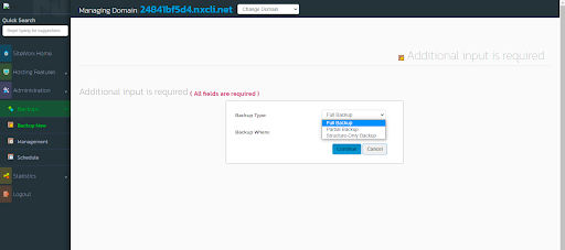 Screenshot of choosing the backup type