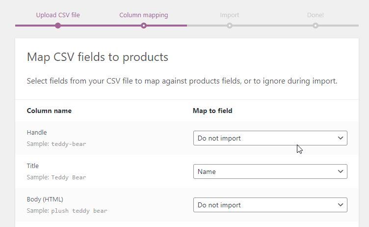 Map CSV fields to products.